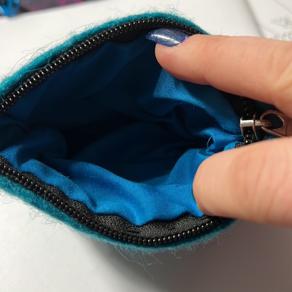 Made in Nepal Teal Wool Floral Applique Coin Pouch - Picture 3 of 4